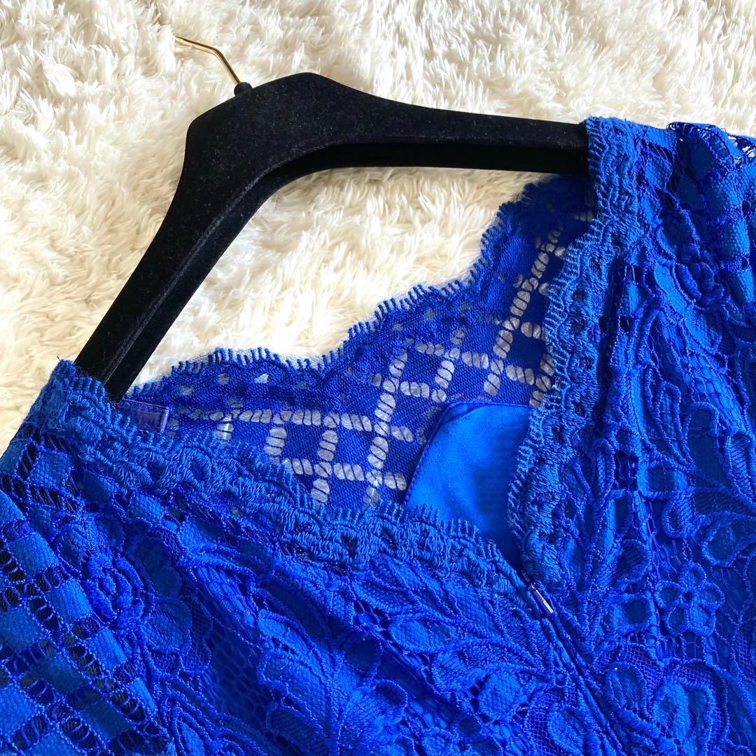 【美品】タダシショージ ロイヤルブルー フラワーレースワンピース カクテルドレス