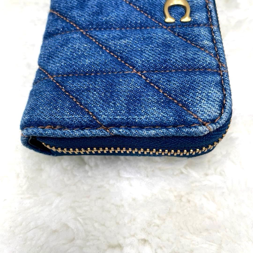 美品 コーチ ケース 財布 デニム ラウンドファスナー キルティング