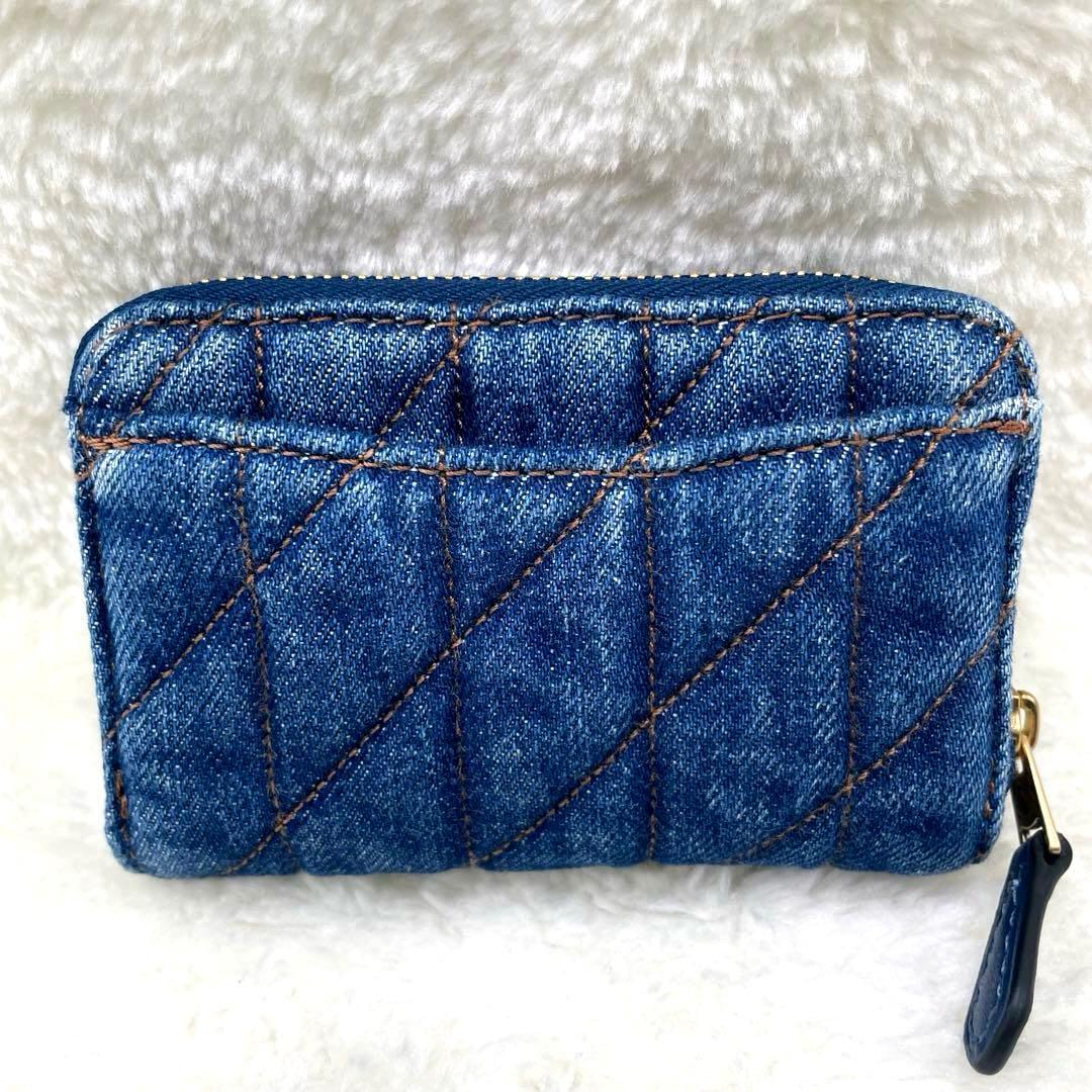 美品 コーチ ケース 財布 デニム ラウンドファスナー キルティング