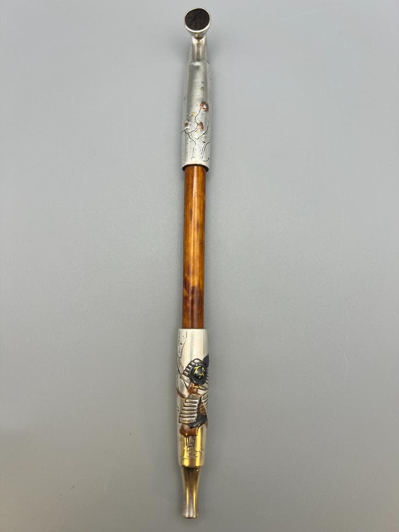 eee”即購入ok 銀煙管　武士梅図　金赤銅象嵌　キセル　銀細工　アンティ