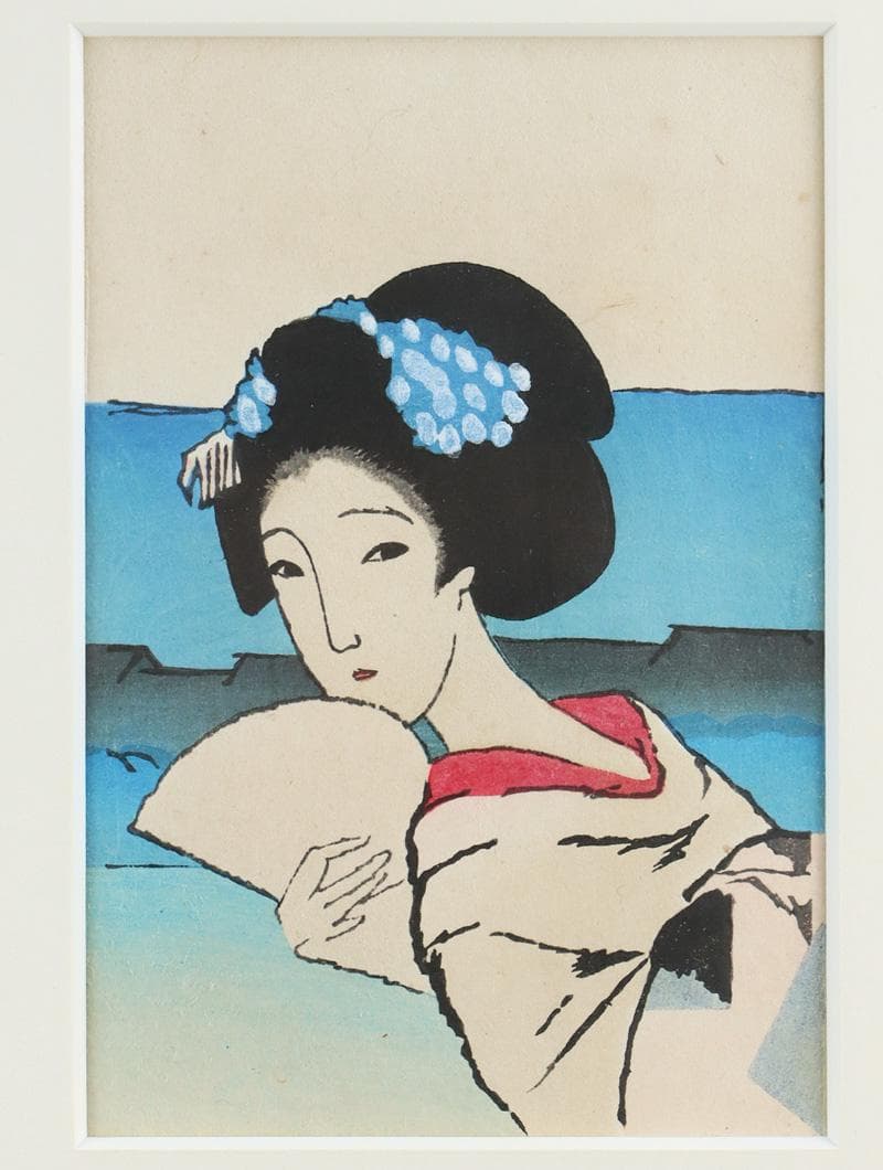 Y2293-22 竹久夢二 木版 「京の舞妓」大正15年作 額装