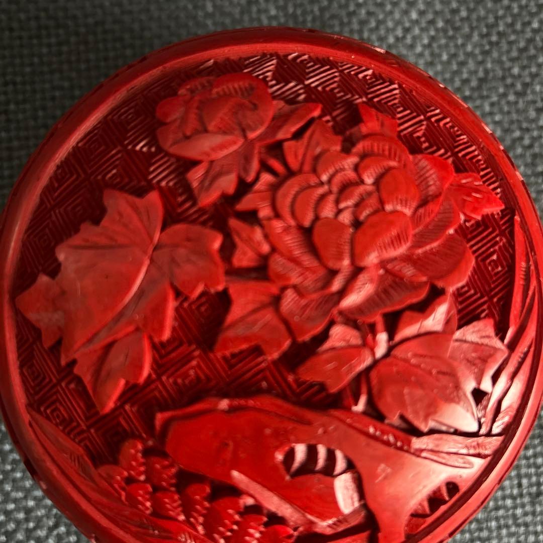 中国骨董【旧家蔵民国時代大き目銅胎彫漆堆朱内七宝香合印泥合】細工