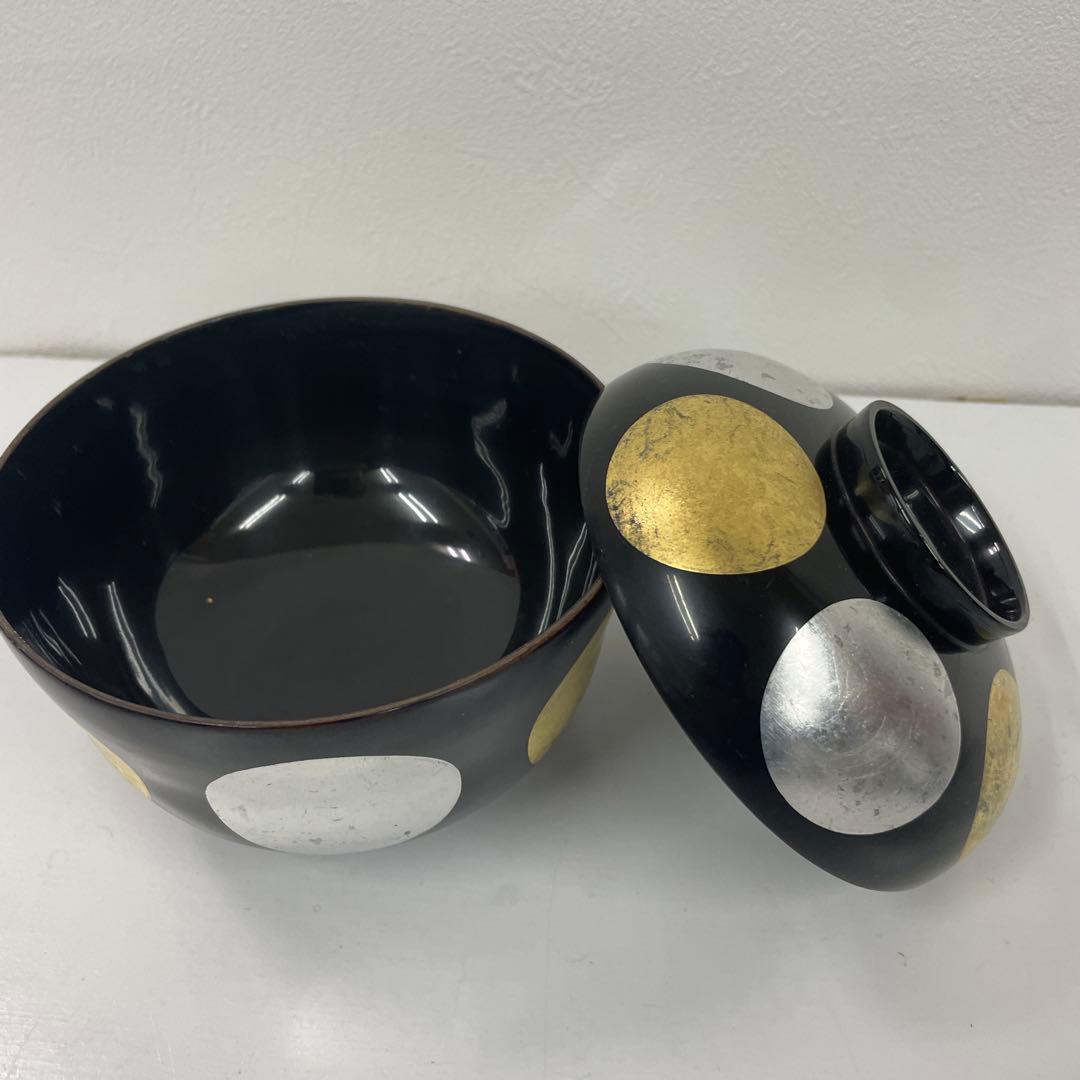 ツバキ 蓋付き椀 黒 金 銀丸模様 27客セット　少々難ありお値下げ品！