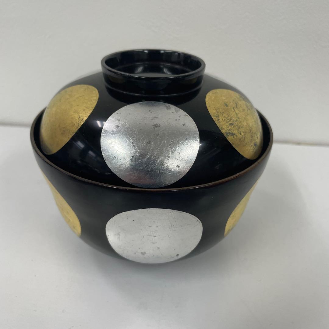 ツバキ 蓋付き椀 黒 金 銀丸模様 27客セット　少々難ありお値下げ品！