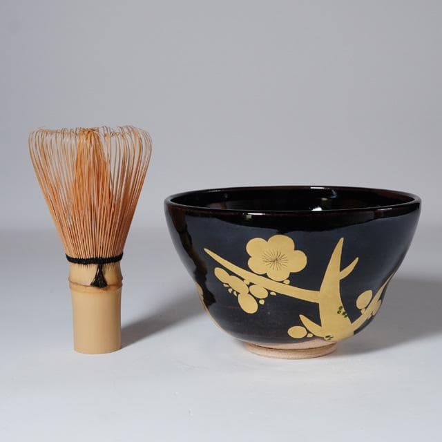 膳所焼 金彩梅茶碗 共箱 岩崎新定 淡海陽炎園 茶道具 抹茶碗