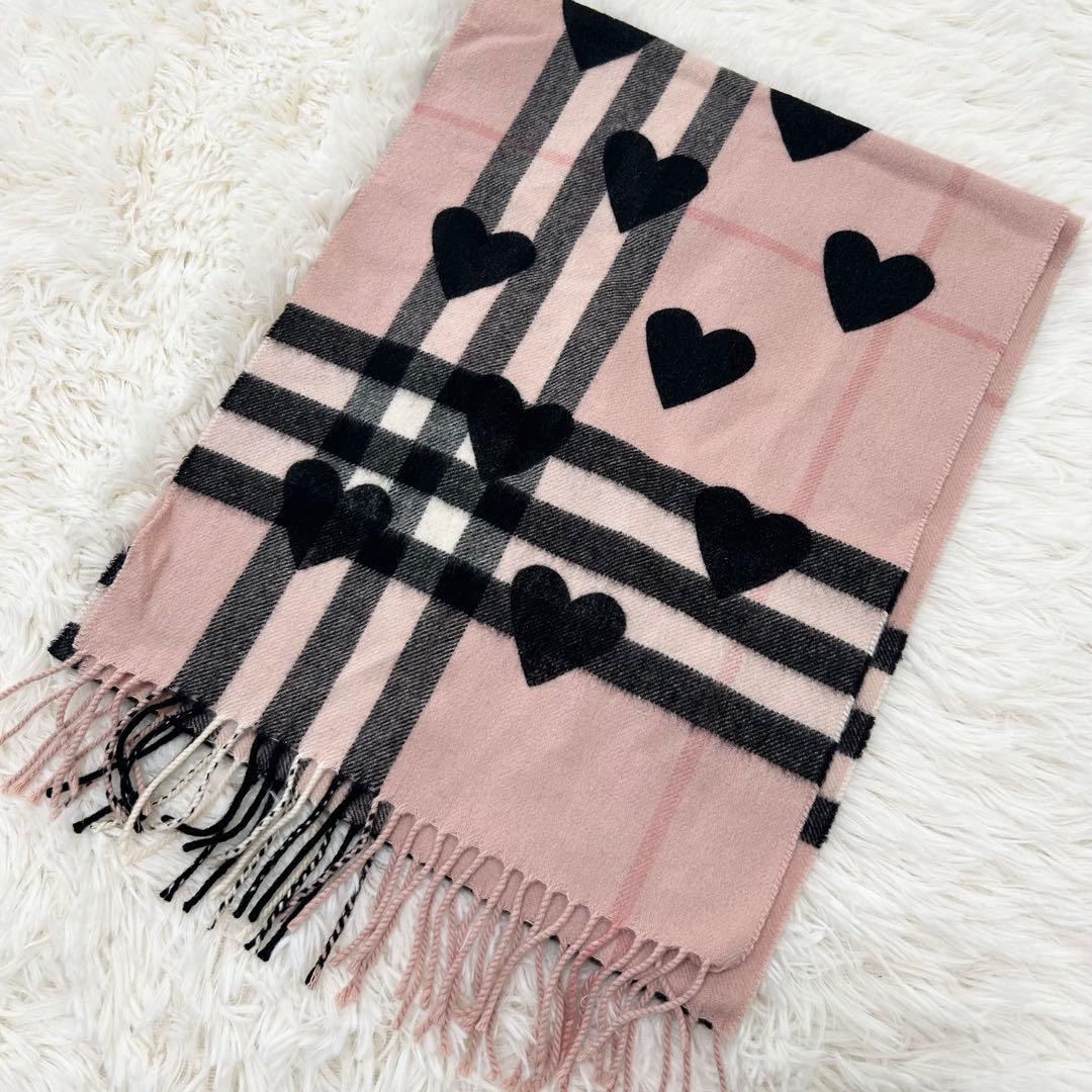カシミヤ100%】Burberry ハート柄チェックマフラー ノバチェック