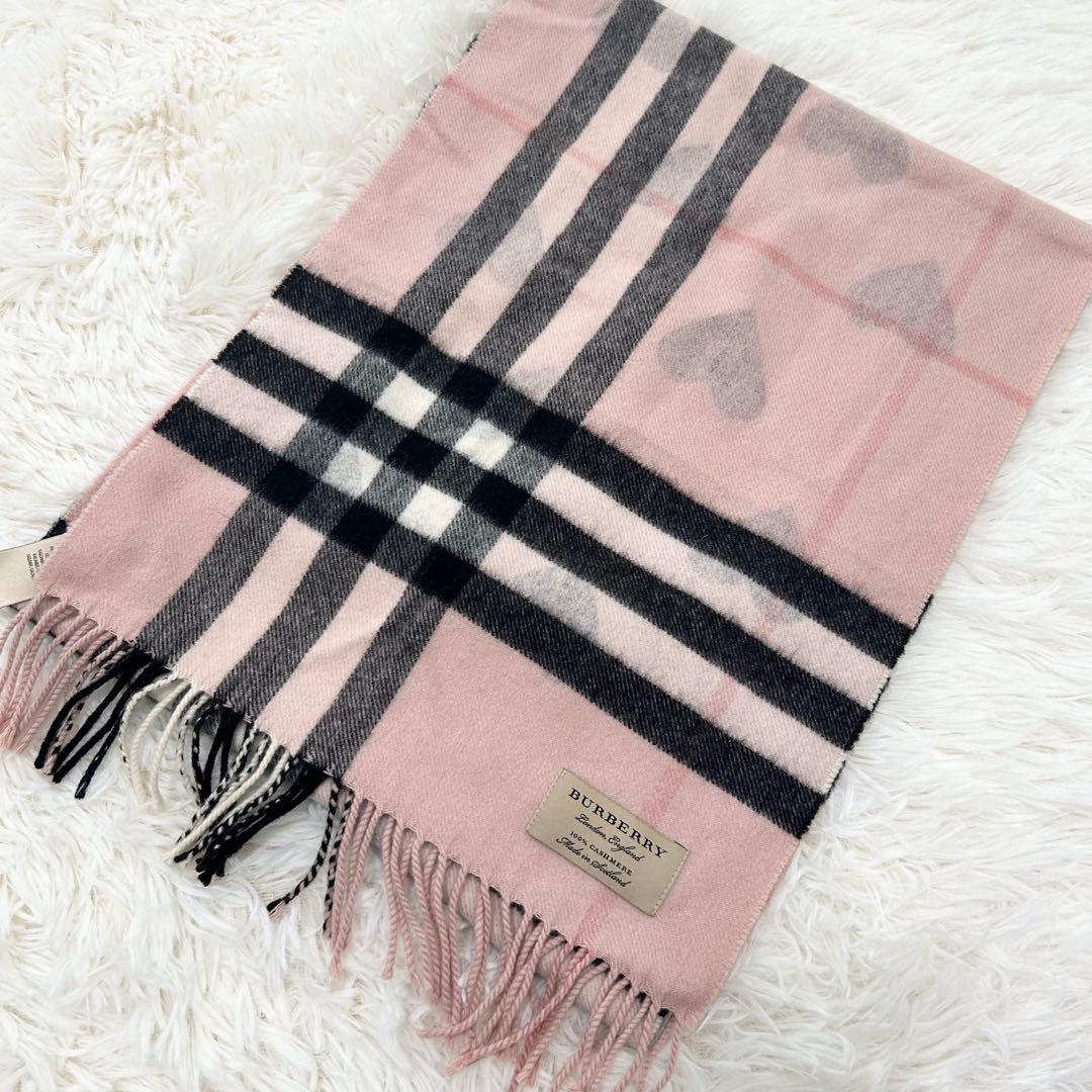 カシミヤ100%】Burberry ハート柄チェックマフラー ノバチェック