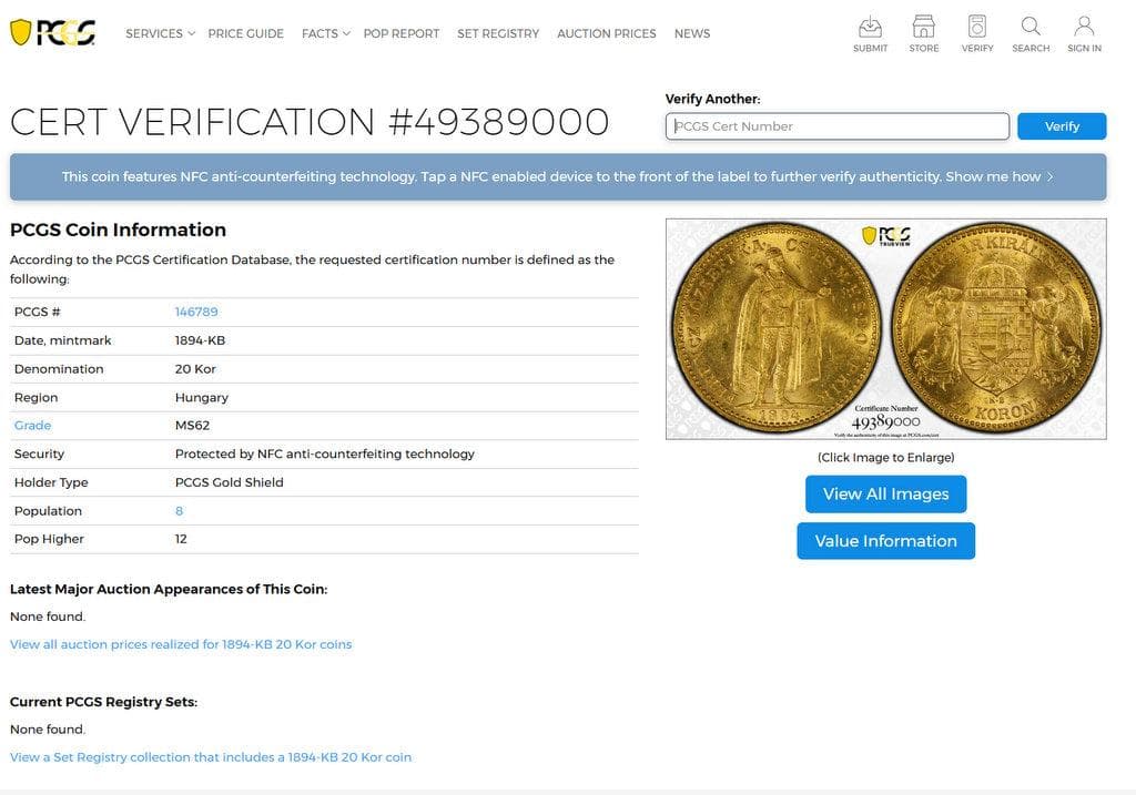 1894年 ハンガリー フランツ・ヨーゼフ 20コロナ金貨 PCGS MS62