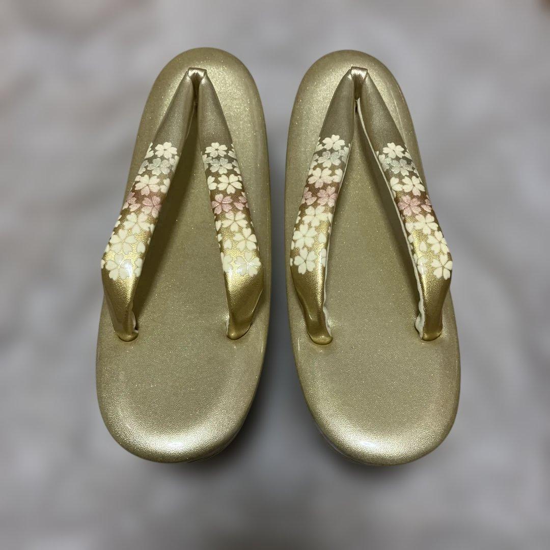 桜の花柄 和装用バッグ 草履セット　金色