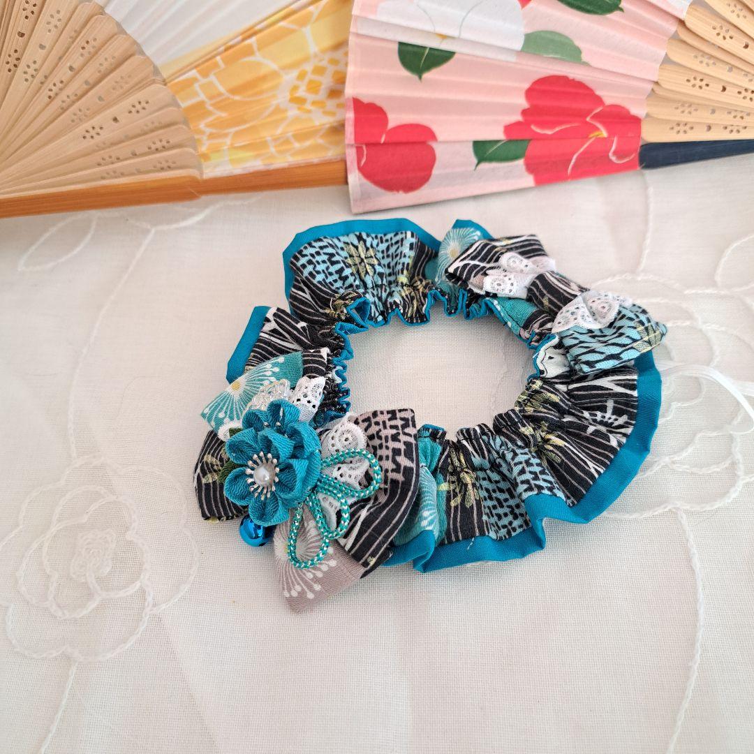 短毛シュシュ和風つまみ細工(黒×エメラルド)わんちゃん猫ちゃん用 短毛