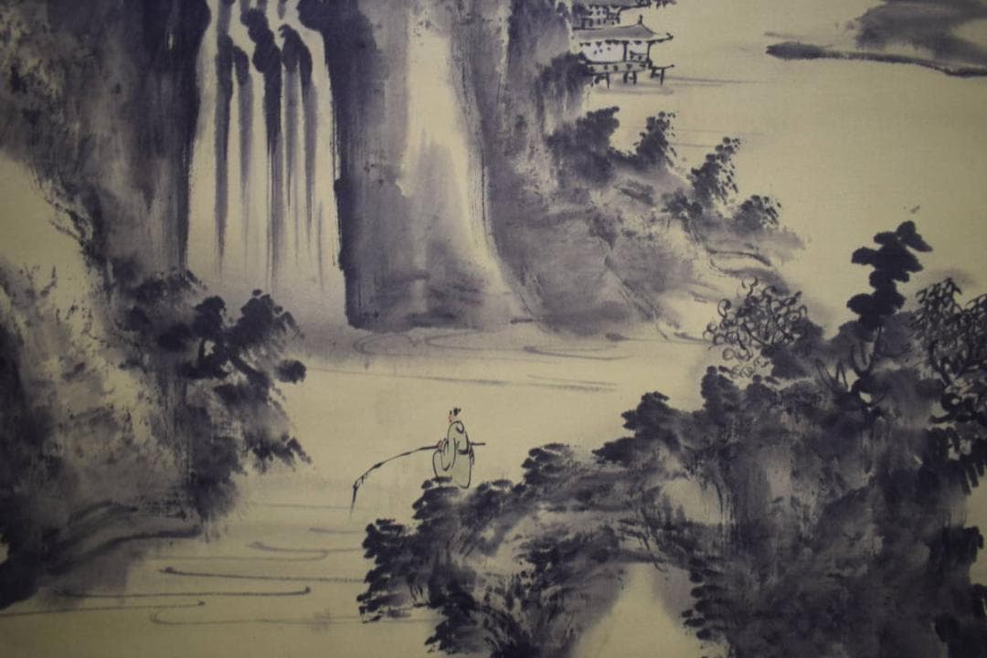 真作/龍峯/水村煙景色図/山水釣人図/中国画/布袋屋掛軸HJ-132