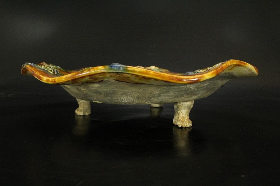 中国美術 唐三彩 双鳳紋 三足 盤 φ31cm 希少(LC247)