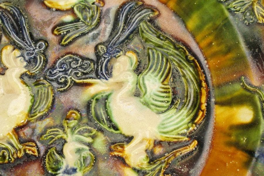 中国美術 唐三彩 双鳳紋 三足 盤 φ31cm 希少(LC247)