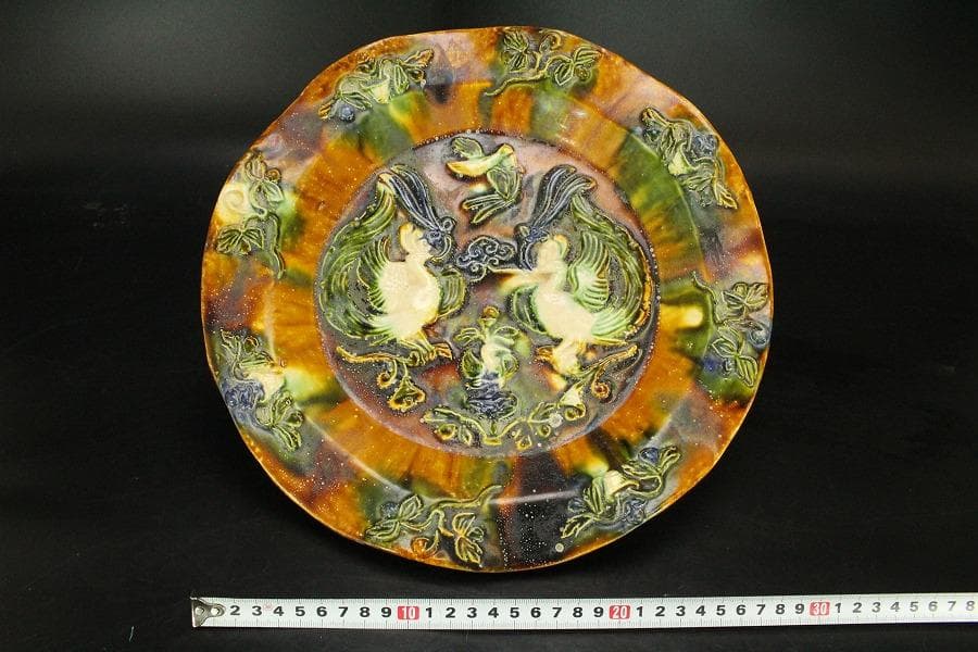 中国美術 唐三彩 双鳳紋 三足 盤 φ31cm 希少(LC247)