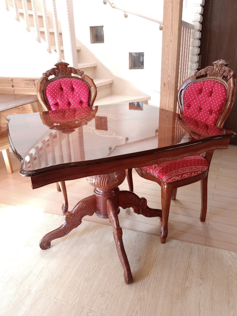 センターテーブル、ダイニングデーブル椅子2脚セット　　猫足　アンティーク