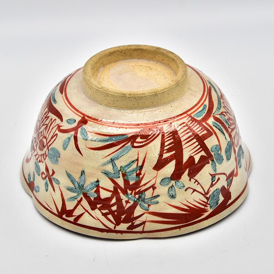 未使用 呉須赤絵輪花 菓子鉢 花鳥図 京 晴香在銘 茶道具 菓子