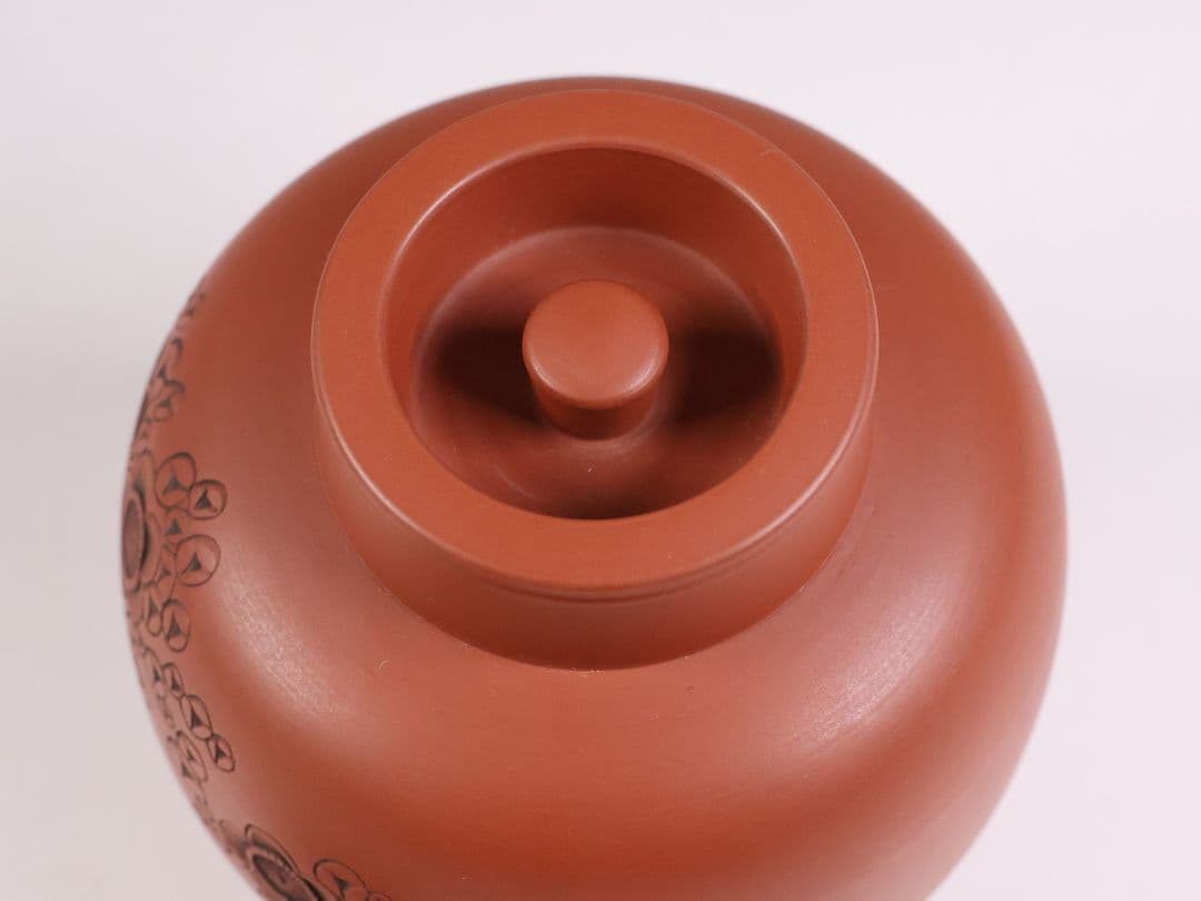 煎茶道具 陶元 常滑焼 朱泥 茶壺 梅彫紋 扇面寿 茶壷