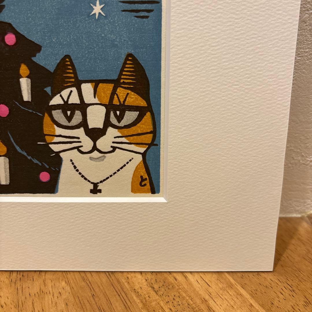 稲垣知雄 木版画 「Cat and Christmas Tree」