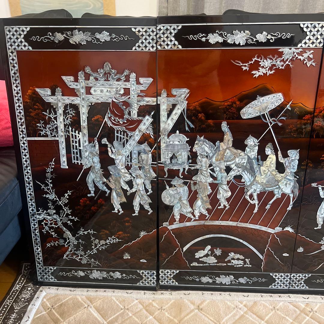 ★☆中国美術 屏風/衝立 4連衝立 螺鈿細工/漆塗り 4枚