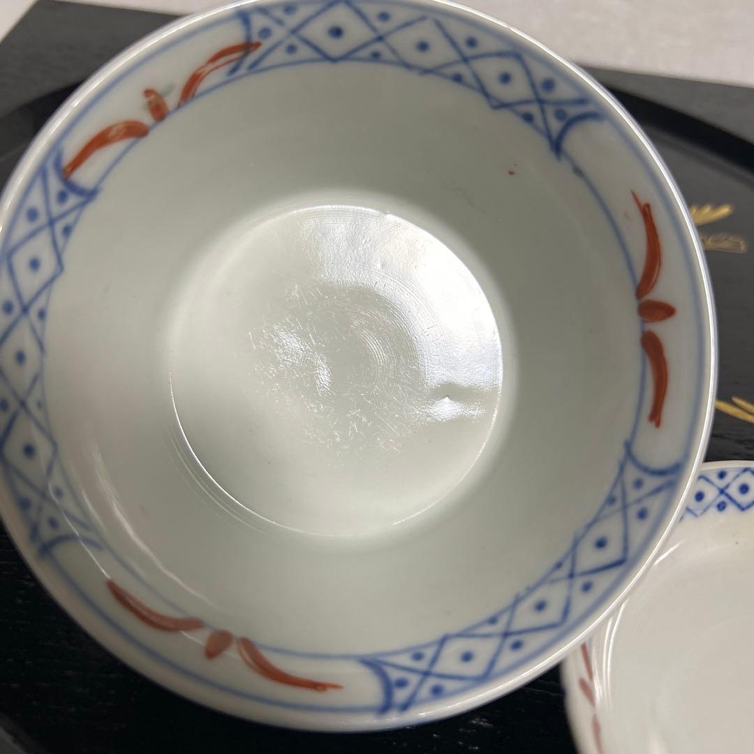 骨董品 古伊万里 月弓 金彩染錦窓絵 青海波紋 蓋付鉢 丼茶碗 有田焼