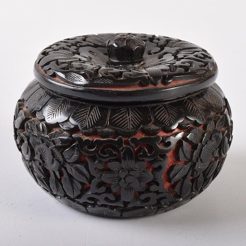 中国　堆朱　堆黒 　花文　蓋物　仕覆付　V　R8261