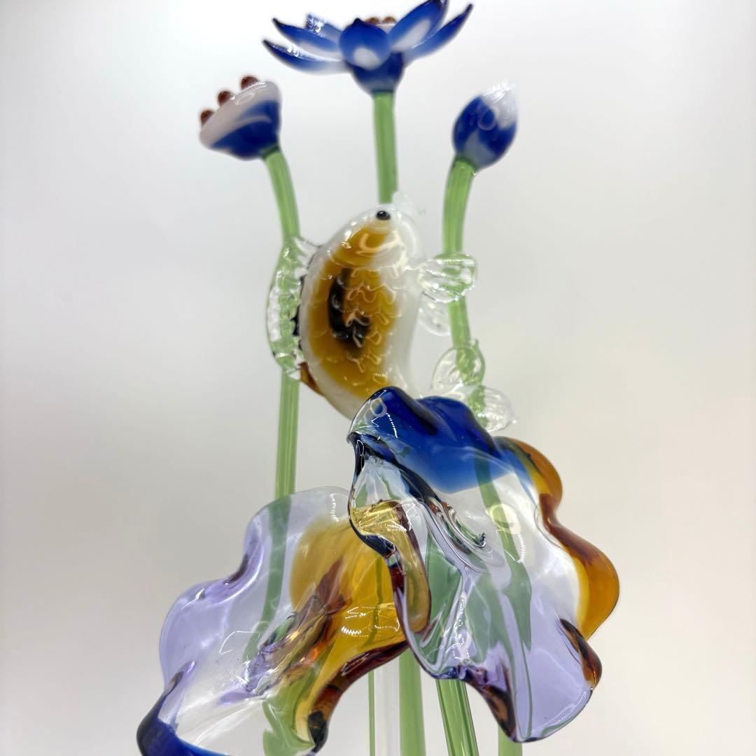 一点モノ 蓮（ハス）の花と鯉 オブジェ ガラス工芸 インテリア 置物