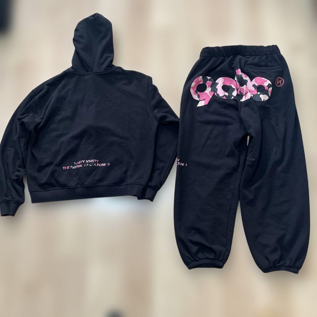 9090 90logoジップパーカーブラックピンク迷彩 セットアップ