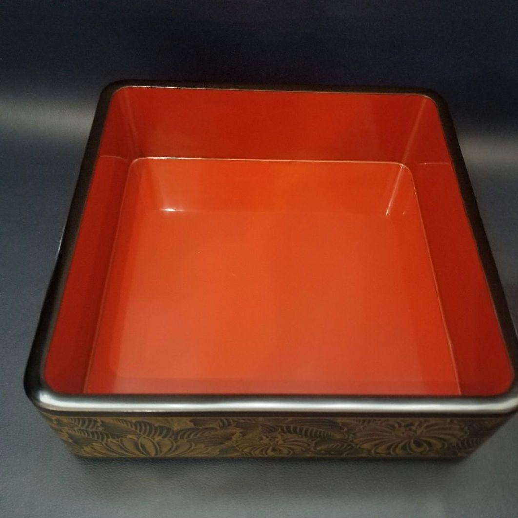 極美品 未使用 輪島塗 布着本堅地 二段重 黒漆 極上菊詰 沈金 蒔絵 重箱②