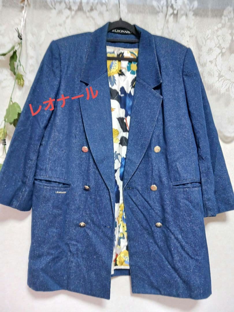 レオナールシルクデニムチェスターコート 紺ブレザー絹100 裏花柄