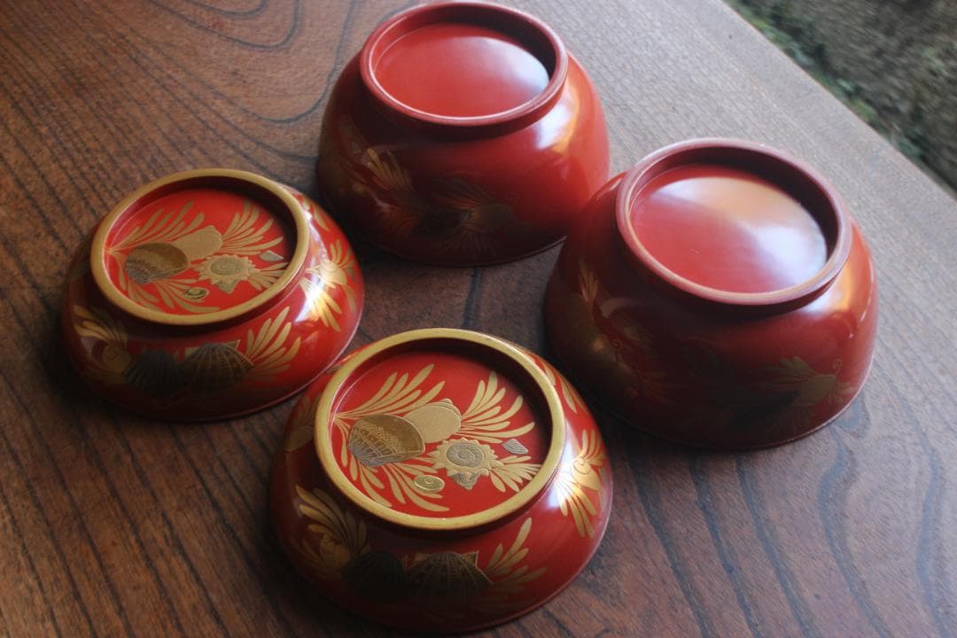 時代逸品！時代金縁朱漆に極上貝尽くし蒔絵の映えるお椀2点（検