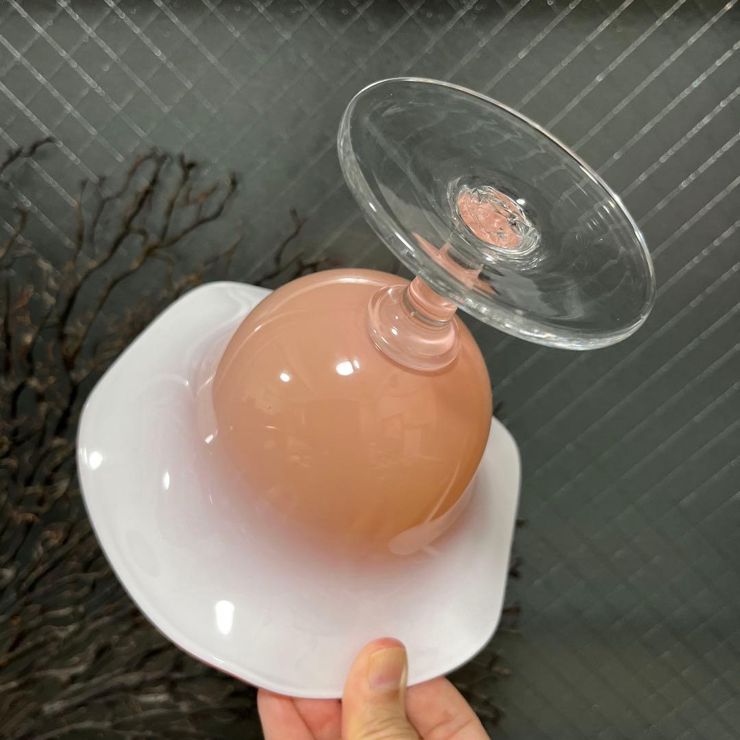 骨董 時代 2色バイカラーフリル 乳白色ガラス 橙色 脚付コンポート 菓子器