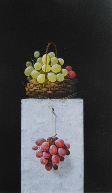 百瀬郷志、【葡萄と篭と】、希少な額装用画集画、新品高級額 額装付