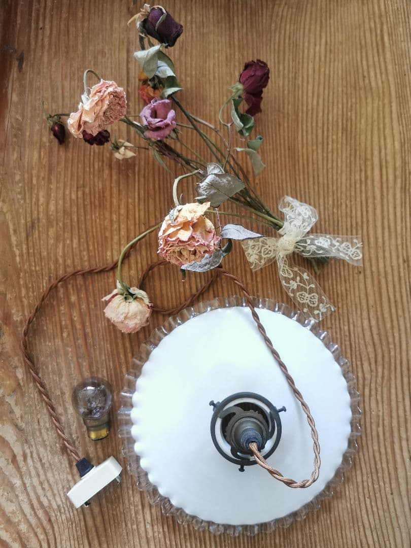 アンティーク フランス 透明＆ミルクガラスフリル シーリングランプ