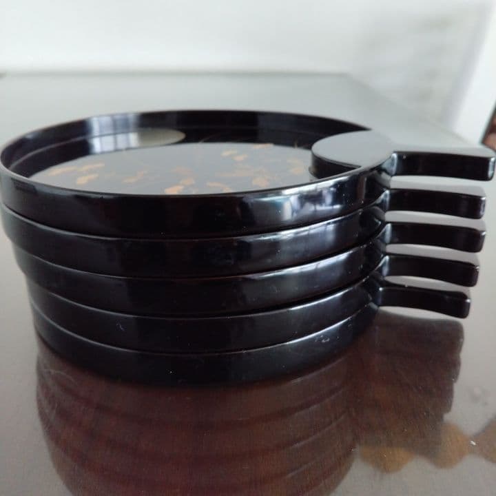 うちわ型 木製、漆塗器、トレイ、皿 、持ち手付、骨董