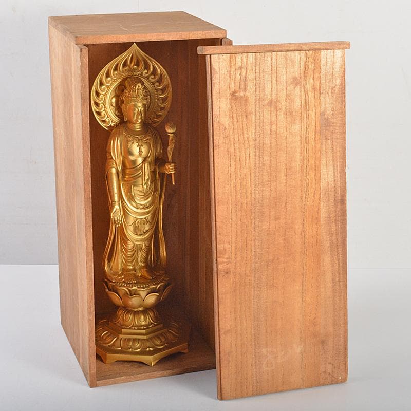 仏師 牧田秀雲作 銅鍍金 聖観世音菩薩像 仏像 置物 共箱 V R7202B