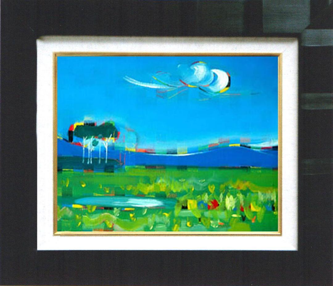 油絵 菅家令子 絵 絵画インテリア額付(青緑＋金色の枠) F4-080111風景