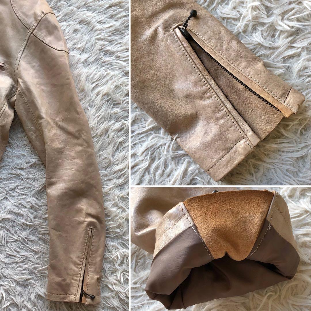 ラムレザー】ジョンブル シングルライダースジャケット ベージュ Wジップ