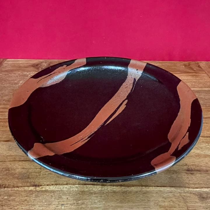 てつ様専用濱田庄司(浜田庄司) 黒釉流描皿 濱田友緒識箱 益子焼人間