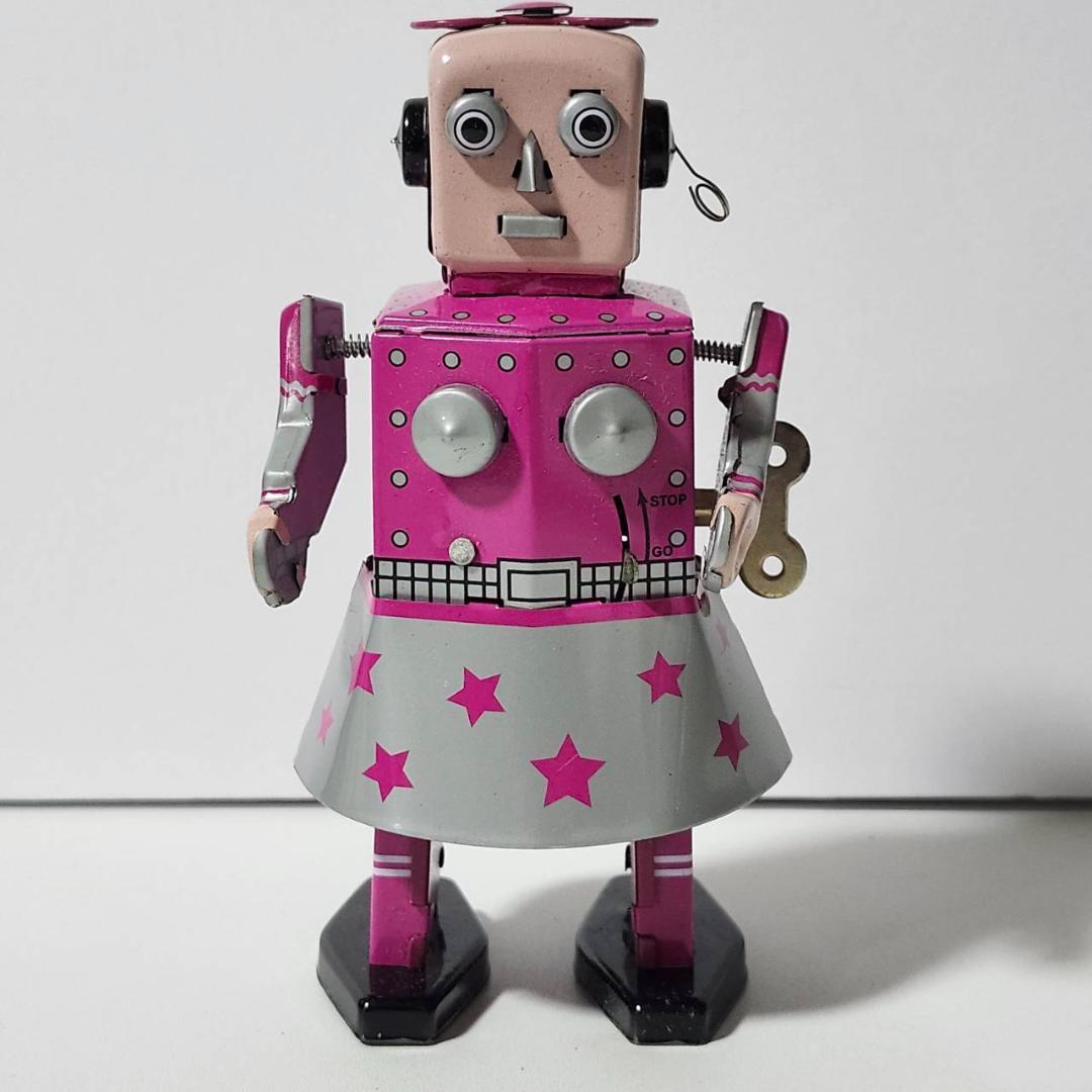 ブリキ ロボット ネジ巻き 女の子デザイン 昭和レトロ