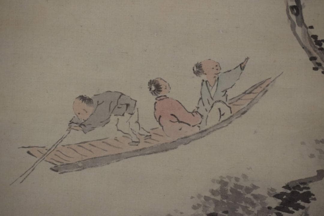 半雲/山水舟人物画賛/淡彩山水図/掛軸☆宝船☆Y-781　JM 真作/半雲/山水舟人物画賛/淡彩山水図/掛軸☆宝船☆Y-