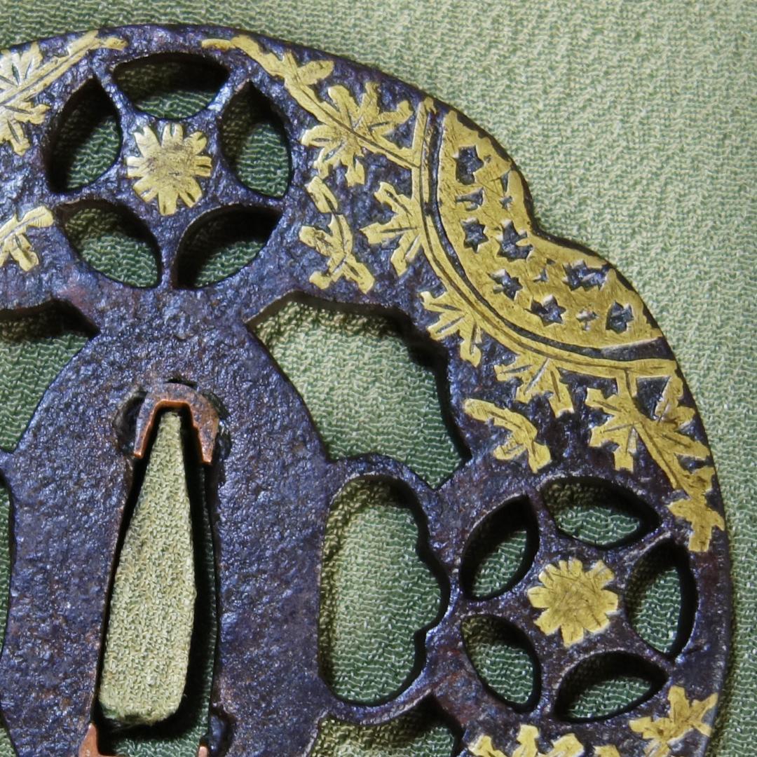 【真鍮象嵌 与四郎鍔】(認定書・鍔箱付き) 鍔 鐔 刀装具 日本刀 武具 骨董