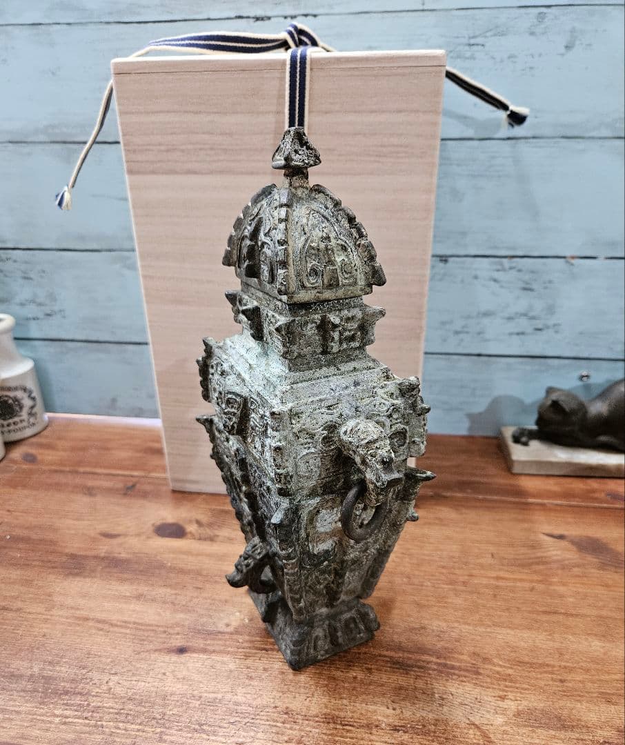 中国古銅 青銅器 環耳付き角壺 在銘 置物 オブジェ 中国古美術 時代物