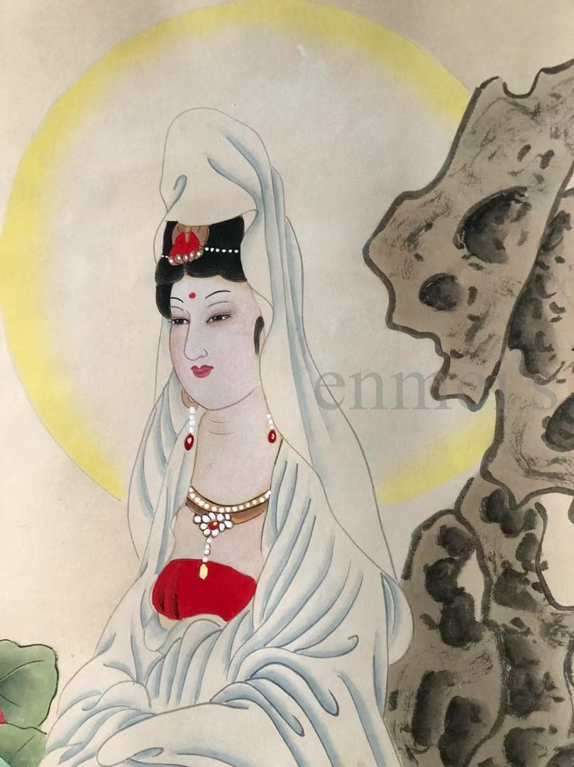 中国古美術・純手描き四尺人物観音菩薩掛軸・蓮の花・国画・張大千