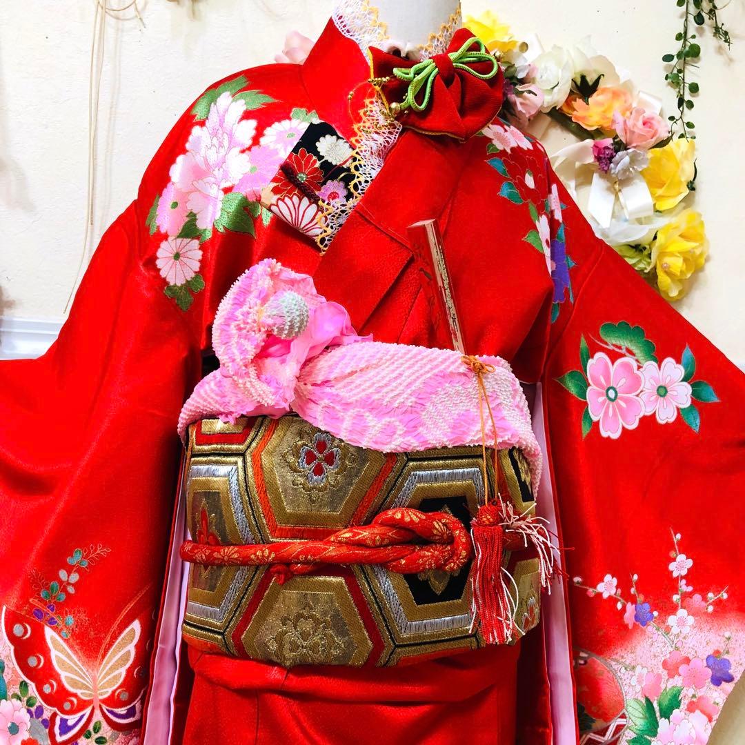 七五三七歳未使用着物‼️人気赤地暈し⭐︎手毬花々煌びやか際立つ⭐︎安心フルセット