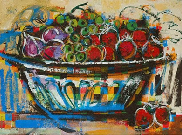 油絵 菅家令子絵 絵画インテリア 額付(青緑＋金色) uF6-120209 果物