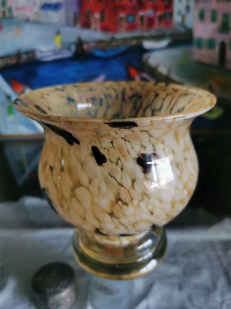 アンティーク ヴェネチアンガラス アンバー＆白＆鼈甲色＆金粉 工房物