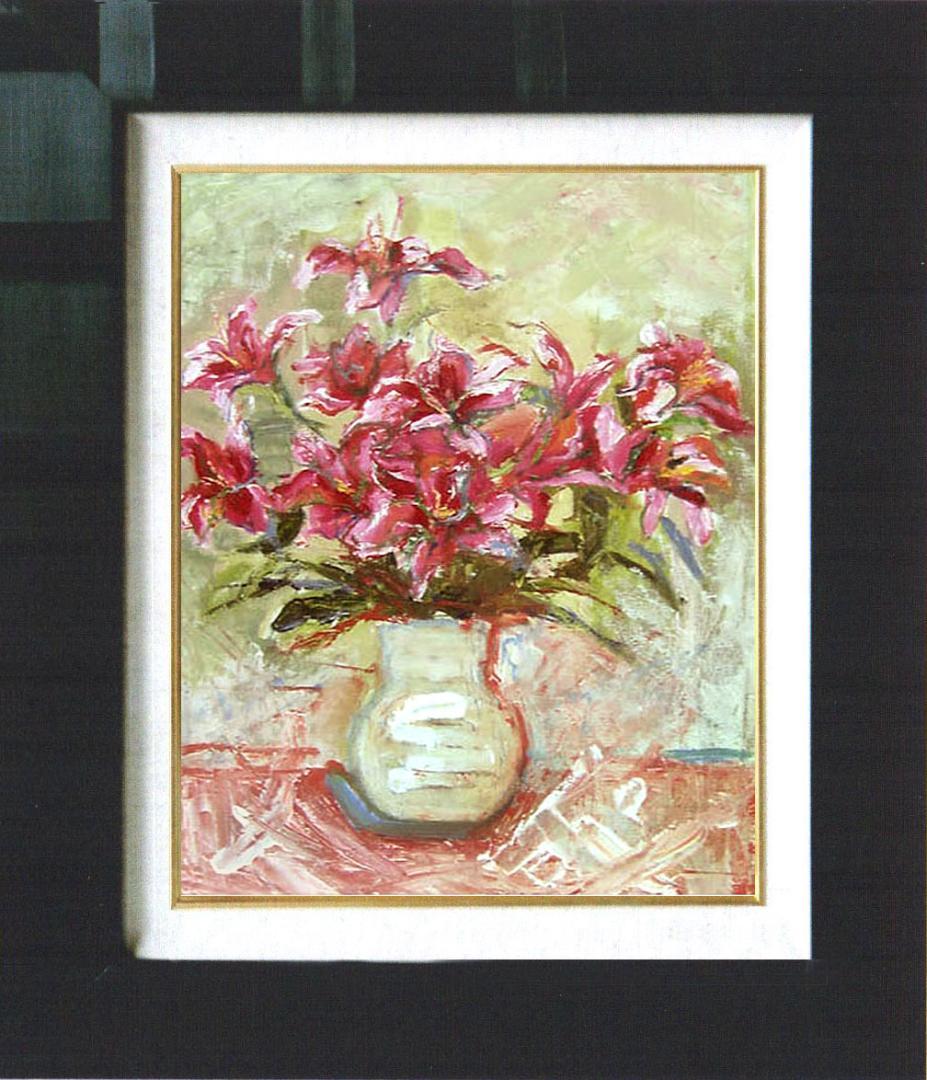 油絵 菅家令子 絵 絵画インテリア額付(青緑＋金色の枠)uF6-070902ゆり