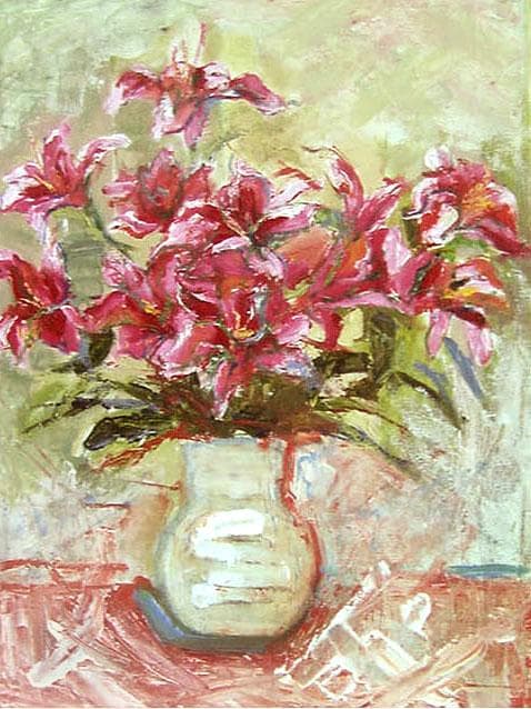 油絵 菅家令子 絵 絵画インテリア額付(青緑＋金色の枠)uF6-070902ゆり