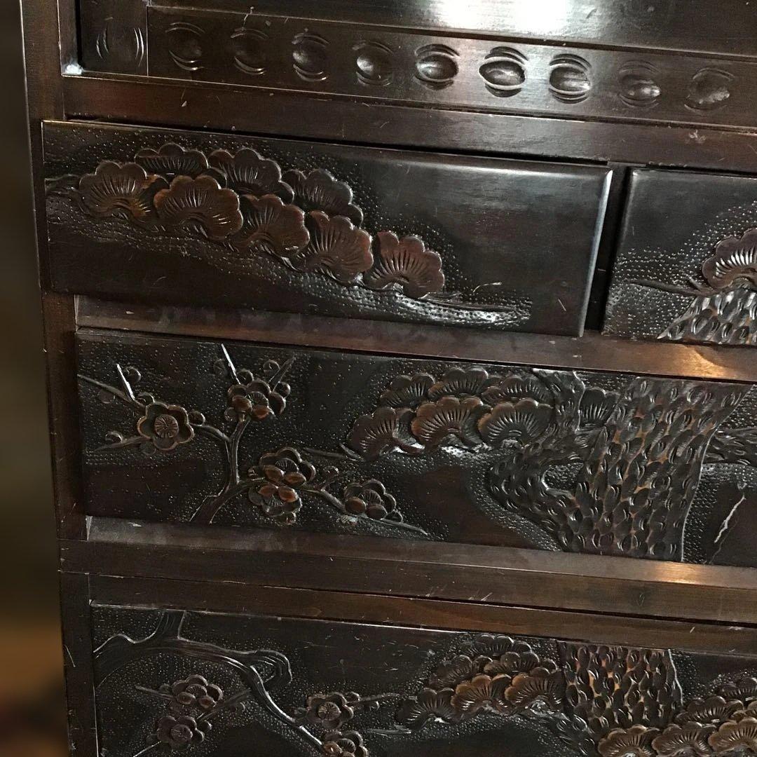 アンティーク軽井沢彫り 箪笥 収納 家具 3段 アンティーク軽井沢彫り
