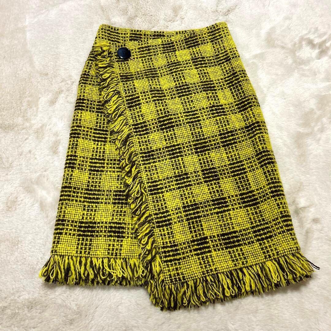 DRAWER ドゥロワー ツイードラップスカート チェック ウール　シルク